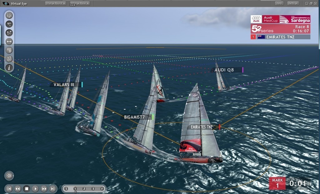 Bigamist 7 continues down the starboard laying, Emirates Team NZ while back in second for a time centralised on he course and was just able to keep clear on a lee bow tack against Bigamist 7 to take the lead, at the end of Leg 1. © ARL Media http://www.arl.co.nz/